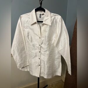 ANU silk Elegant White Button Down Shirt with silver buttons formal or business